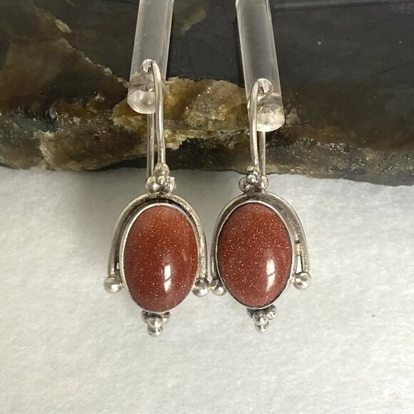 Suarti Sterling Silver 925 BA Oval Goldstone Dangle Kidney Wire Earrings - Picture 1 of 16